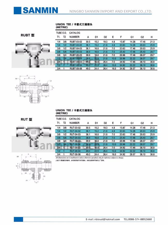 Encanamento de aço inoxidável do T SS316L da união da ROTINA que cabe o ar pneumático Sanmin de alta qualidade cabendo