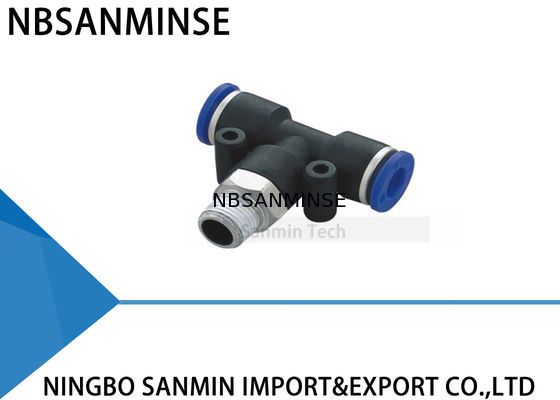 T masculino plástico do ramo da pinta que cabe empurrar pneumático o conector Sanmin dos acessórios da máquina